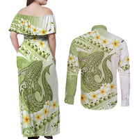 Green Hawaii Shark Tattoo Couples Matching Off Shoulder Maxi Dress and Long Sleeve Button Shirt Frangipani With Polynesian Pastel Version