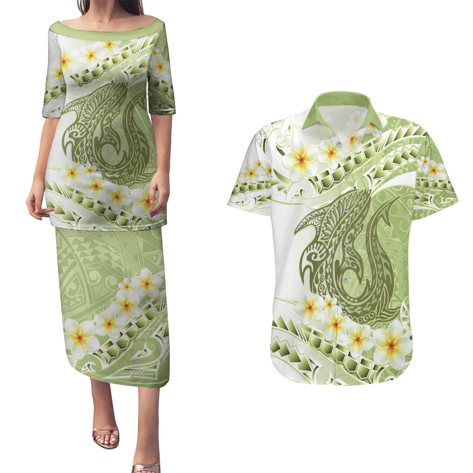 Green Hawaii Shark Tattoo Couples Matching Puletasi and Hawaiian Shirt Frangipani With Polynesian Pastel Version LT14 Green - Polynesian Pride
