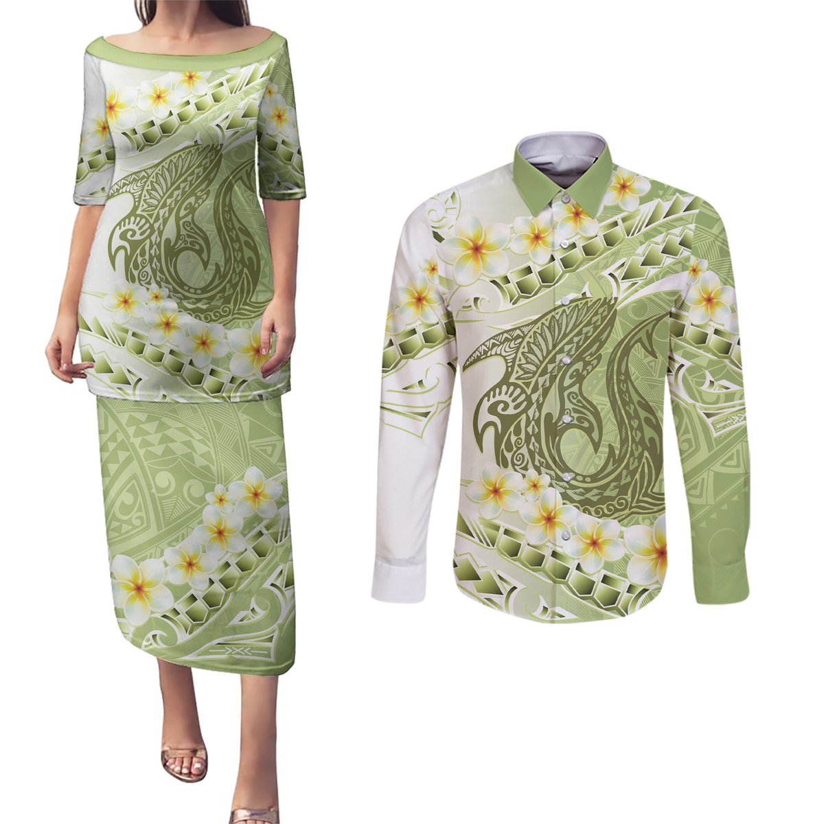 Green Hawaii Shark Tattoo Couples Matching Puletasi and Long Sleeve Button Shirt Frangipani With Polynesian Pastel Version LT14 Green - Polynesian Pride