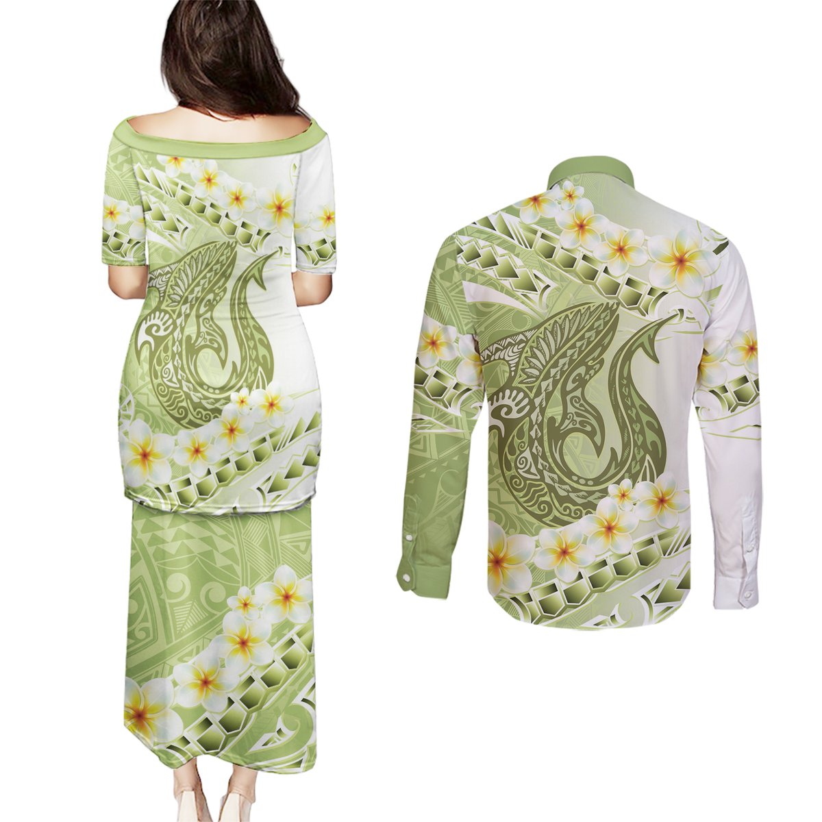 Green Hawaii Shark Tattoo Couples Matching Puletasi and Long Sleeve Button Shirt Frangipani With Polynesian Pastel Version LT14 - Polynesian Pride
