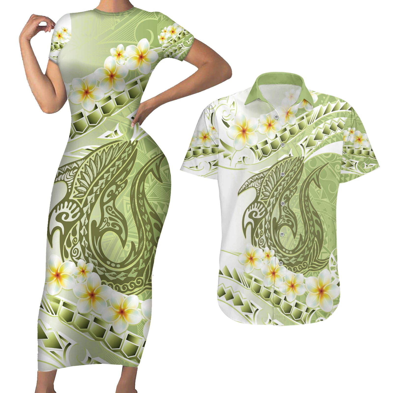 Green Hawaii Shark Tattoo Couples Matching Short Sleeve Bodycon Dress and Hawaiian Shirt Frangipani With Polynesian Pastel Version LT14 Green - Polynesian Pride