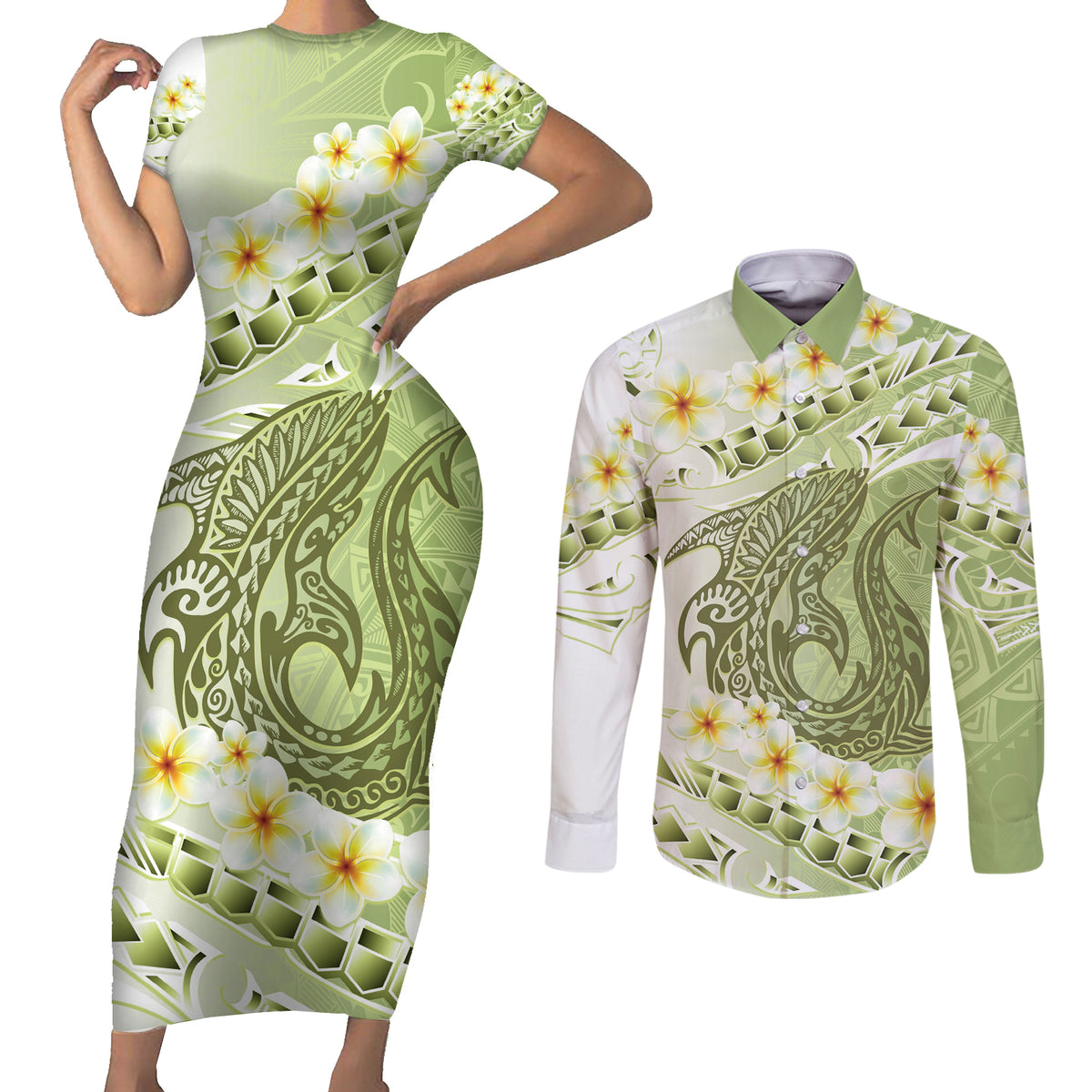 Green Hawaii Shark Tattoo Couples Matching Short Sleeve Bodycon Dress and Long Sleeve Button Shirt Frangipani With Polynesian Pastel Version