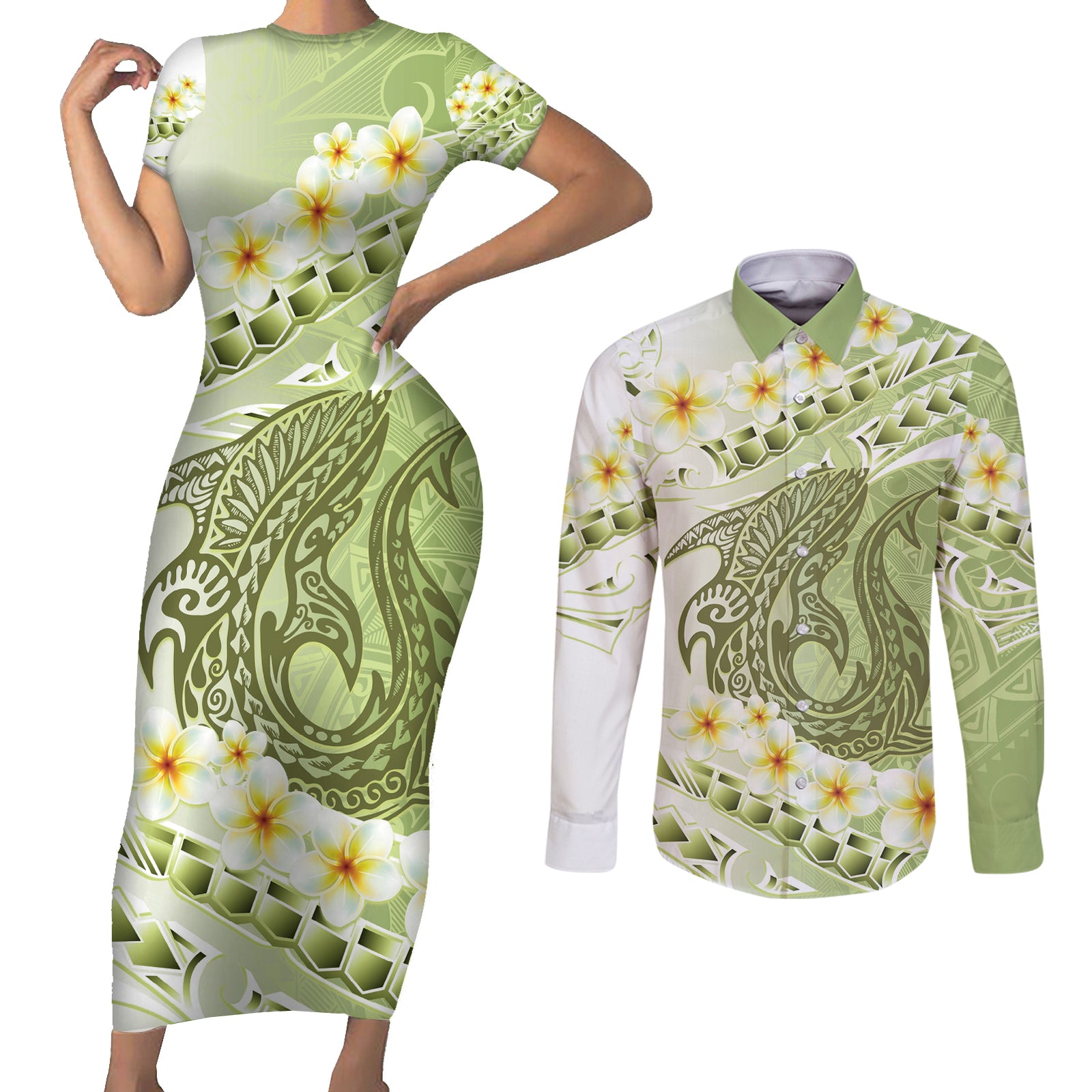 Green Hawaii Shark Tattoo Couples Matching Short Sleeve Bodycon Dress and Long Sleeve Button Shirt Frangipani With Polynesian Pastel Version LT14 Green - Polynesian Pride