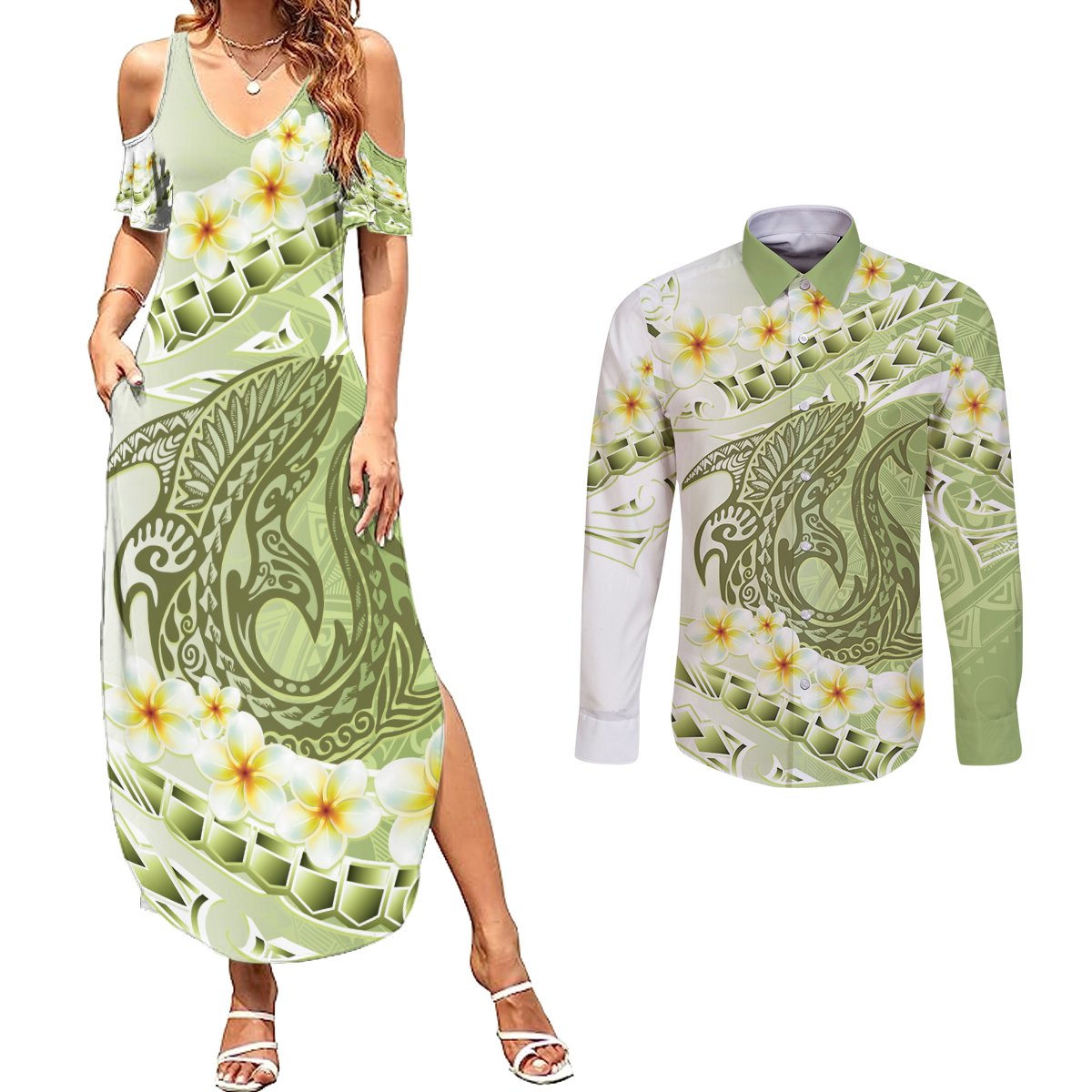 Green Hawaii Shark Tattoo Couples Matching Summer Maxi Dress and Long Sleeve Button Shirt Frangipani With Polynesian Pastel Version LT14 Green - Polynesian Pride