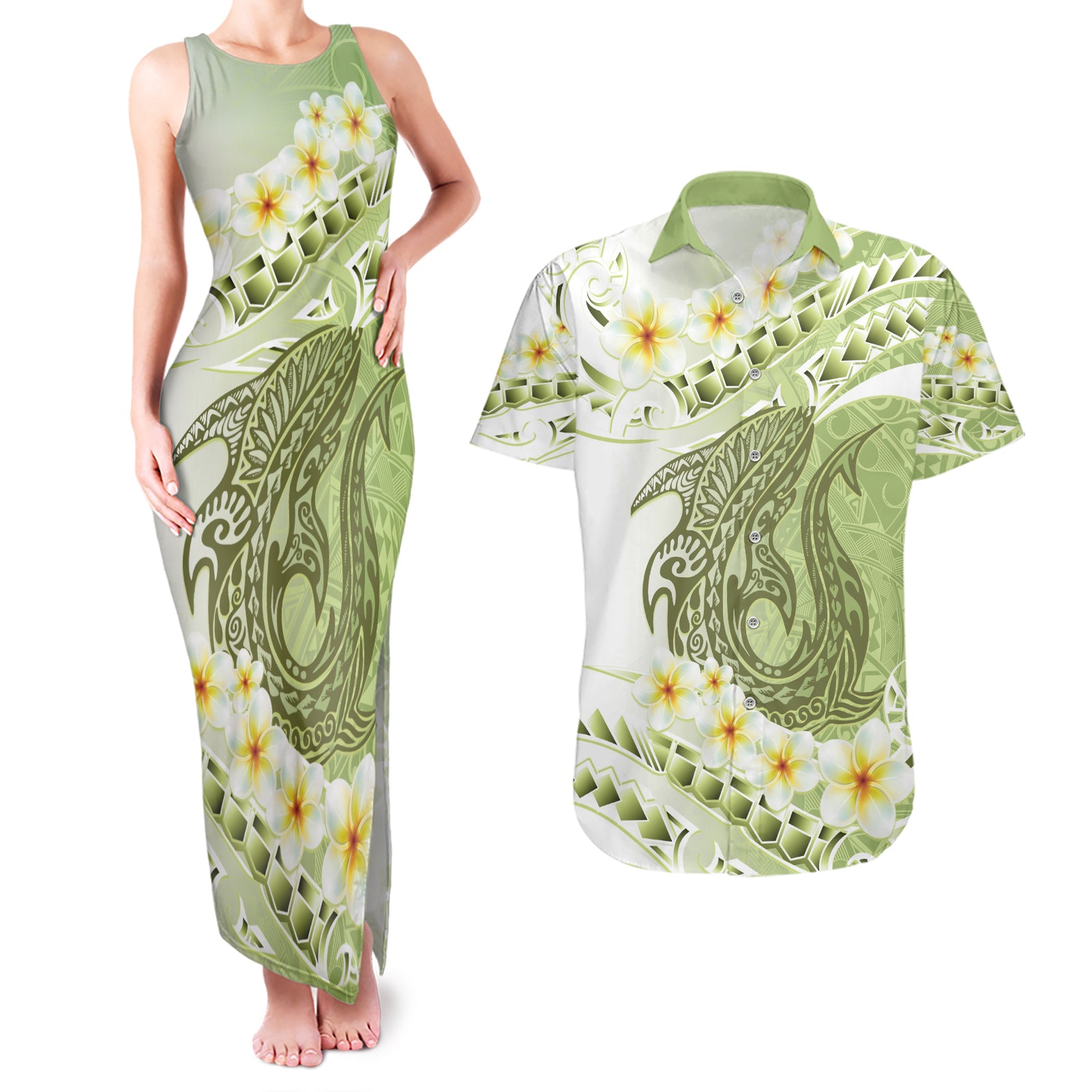 Green Hawaii Shark Tattoo Couples Matching Tank Maxi Dress and Hawaiian Shirt Frangipani With Polynesian Pastel Version LT14 Green - Polynesian Pride