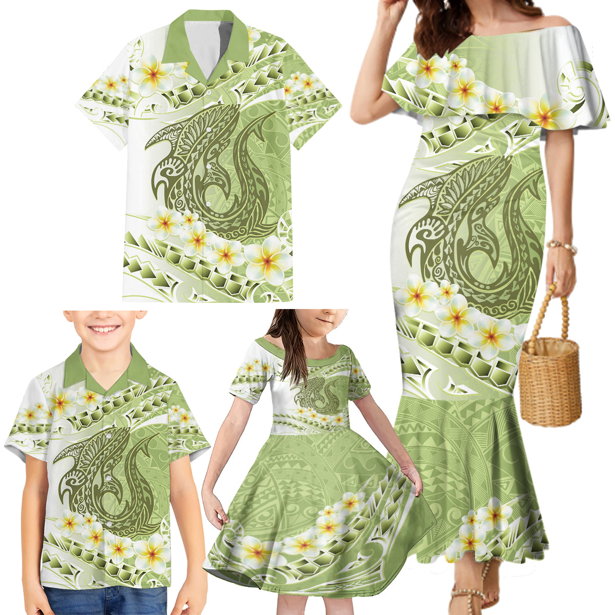 Green Hawaii Shark Tattoo Family Matching Mermaid Dress and Hawaiian Shirt Frangipani With Polynesian Pastel Version LT14 - Polynesian Pride