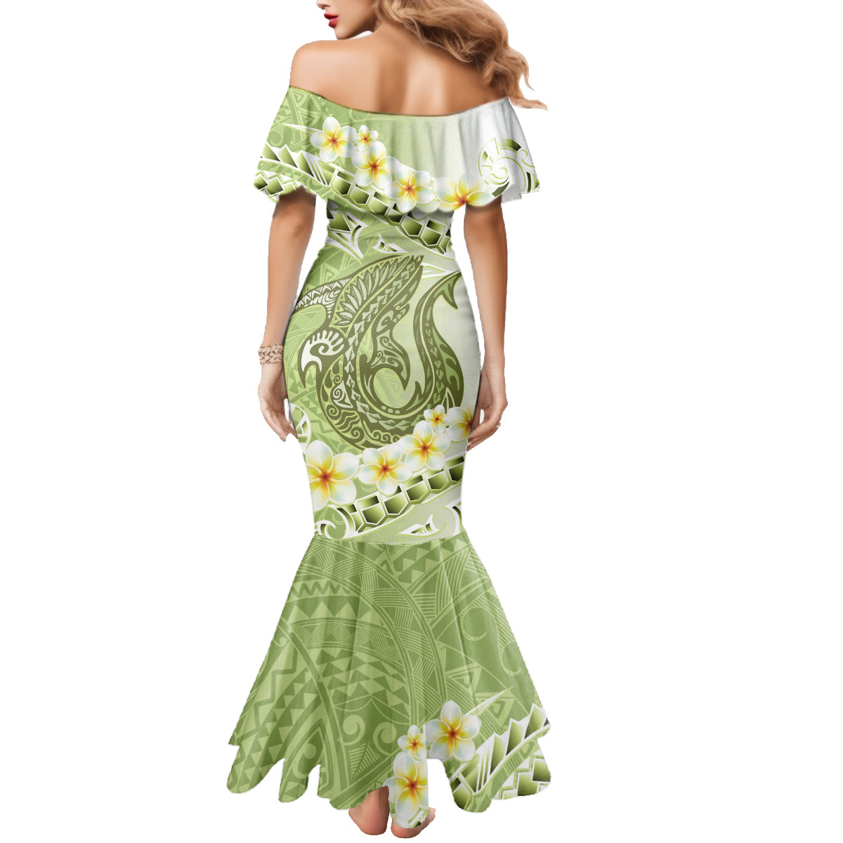 Green Hawaii Shark Tattoo Family Matching Mermaid Dress and Hawaiian Shirt Frangipani With Polynesian Pastel Version