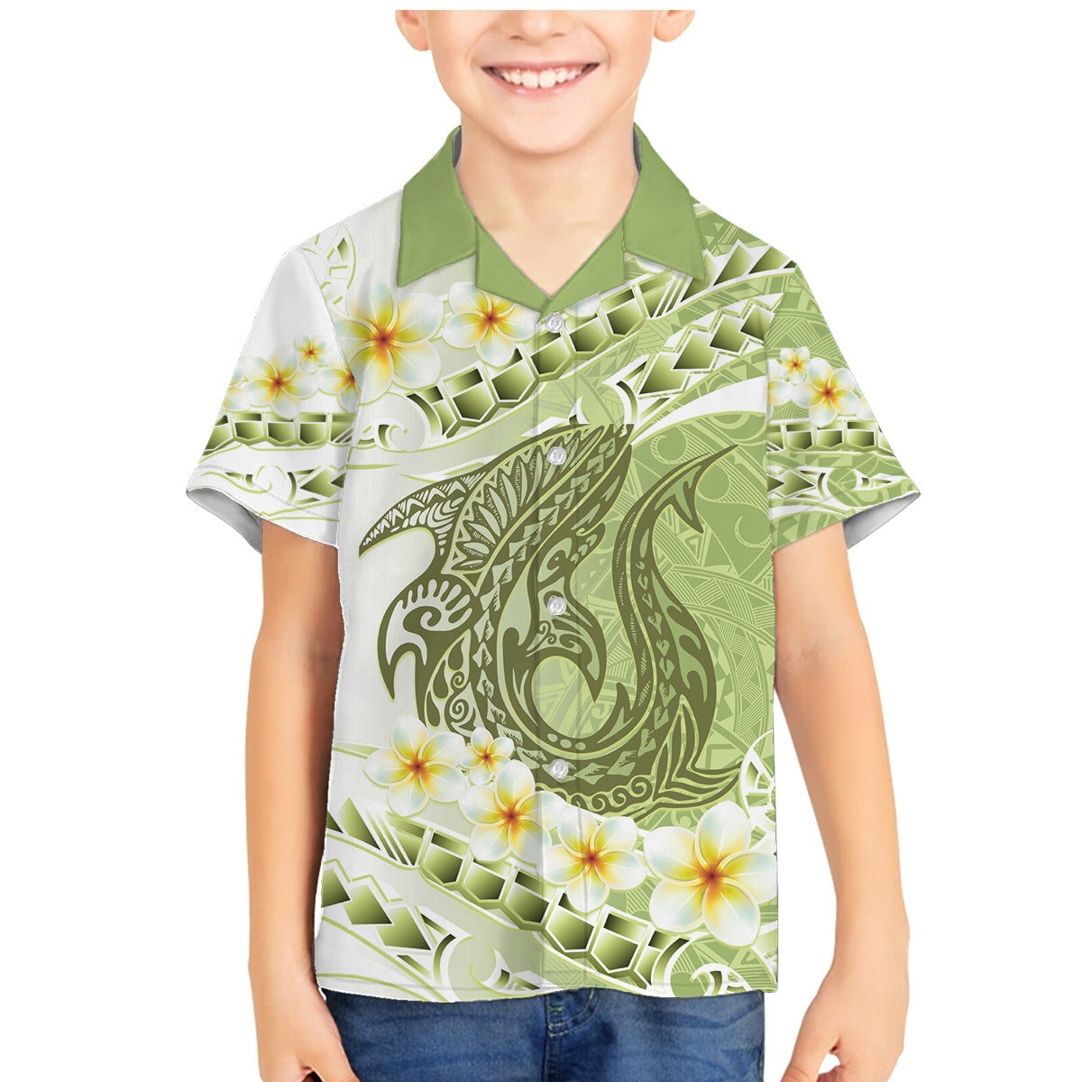Green Hawaii Shark Tattoo Family Matching Mermaid Dress and Hawaiian Shirt Frangipani With Polynesian Pastel Version