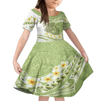 Green Hawaii Shark Tattoo Family Matching Off The Shoulder Long Sleeve Dress and Hawaiian Shirt Frangipani With Polynesian Pastel Version LT14 Daughter's Dress Green - Polynesian Pride
