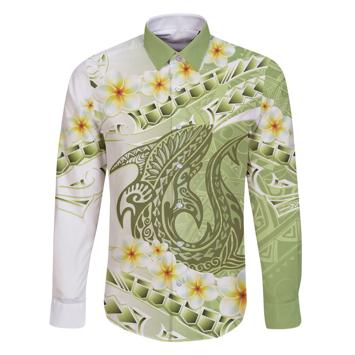Green Hawaii Shark Tattoo Family Matching Off The Shoulder Long Sleeve Dress and Hawaiian Shirt Frangipani With Polynesian Pastel Version LT14 Dad's Shirt - Long Sleeve Green - Polynesian Pride