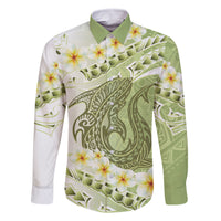 Green Hawaii Shark Tattoo Family Matching Off The Shoulder Long Sleeve Dress and Hawaiian Shirt Frangipani With Polynesian Pastel Version LT14 Dad's Shirt - Long Sleeve Green - Polynesian Pride
