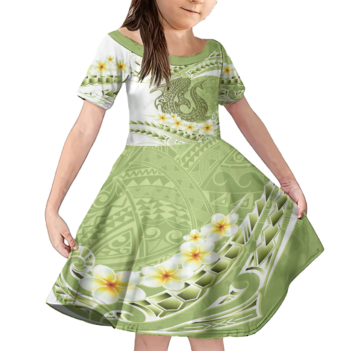 Green Hawaii Shark Tattoo Family Matching Off Shoulder Maxi Dress and Hawaiian Shirt Frangipani With Polynesian Pastel Version LT14 Daughter's Dress Green - Polynesian Pride