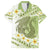 Green Hawaii Shark Tattoo Family Matching Off Shoulder Short Dress and Hawaiian Shirt Frangipani With Polynesian Pastel Version