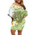 Green Hawaii Shark Tattoo Family Matching Off Shoulder Short Dress and Hawaiian Shirt Frangipani With Polynesian Pastel Version