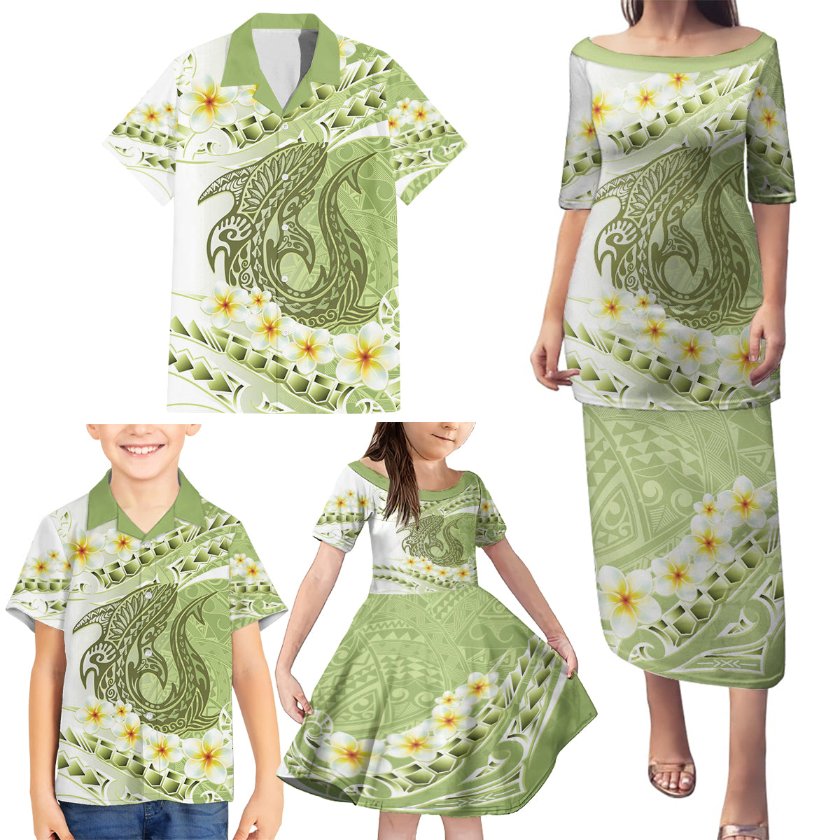 Green Hawaii Shark Tattoo Family Matching Puletasi and Hawaiian Shirt Frangipani With Polynesian Pastel Version