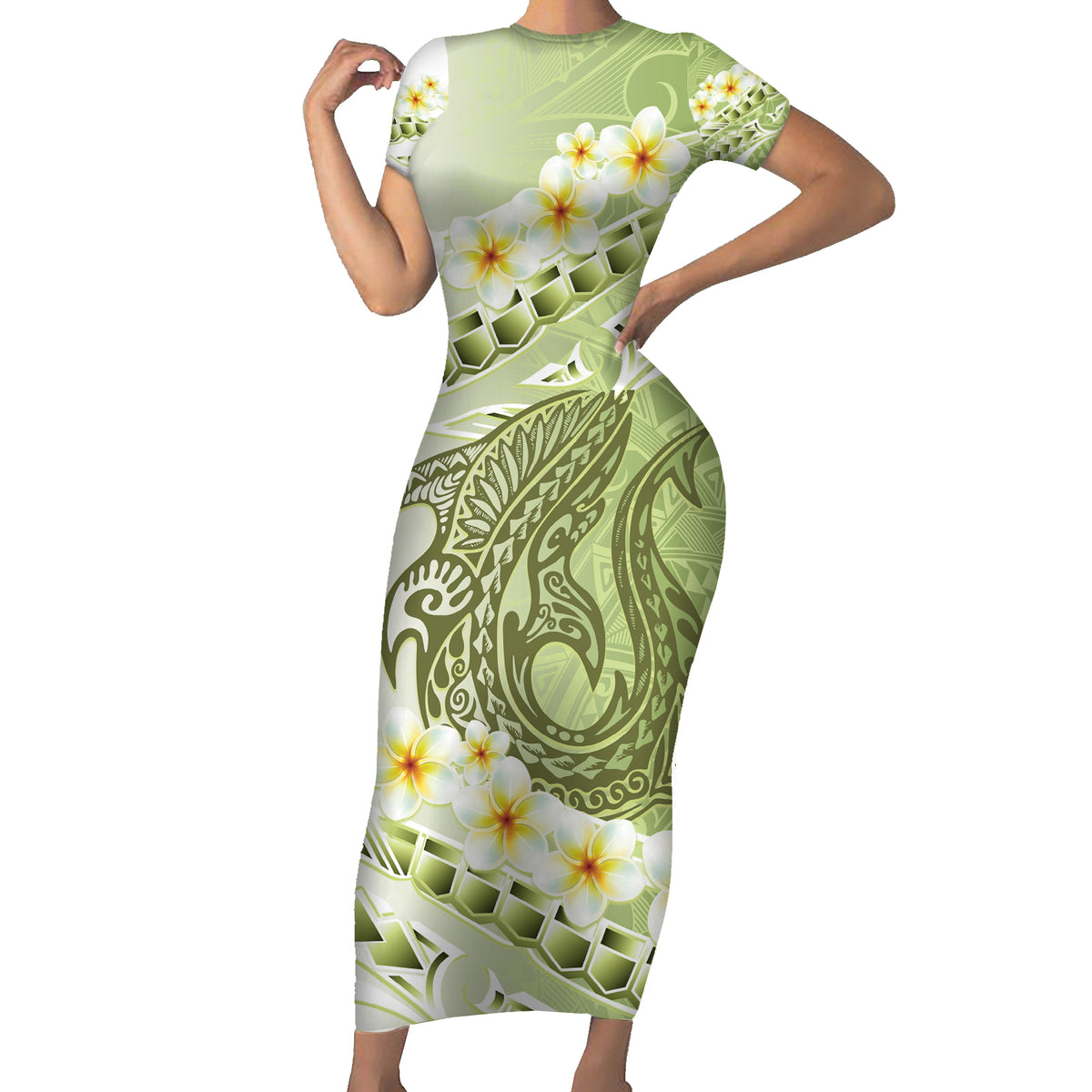 Green Hawaii Shark Tattoo Family Matching Short Sleeve Bodycon Dress and Hawaiian Shirt Frangipani With Polynesian Pastel Version