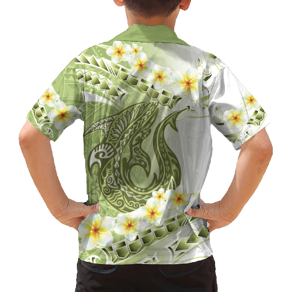 Green Hawaii Shark Tattoo Family Matching Tank Maxi Dress and Hawaiian Shirt Frangipani With Polynesian Pastel Version LT14 - Polynesian Pride
