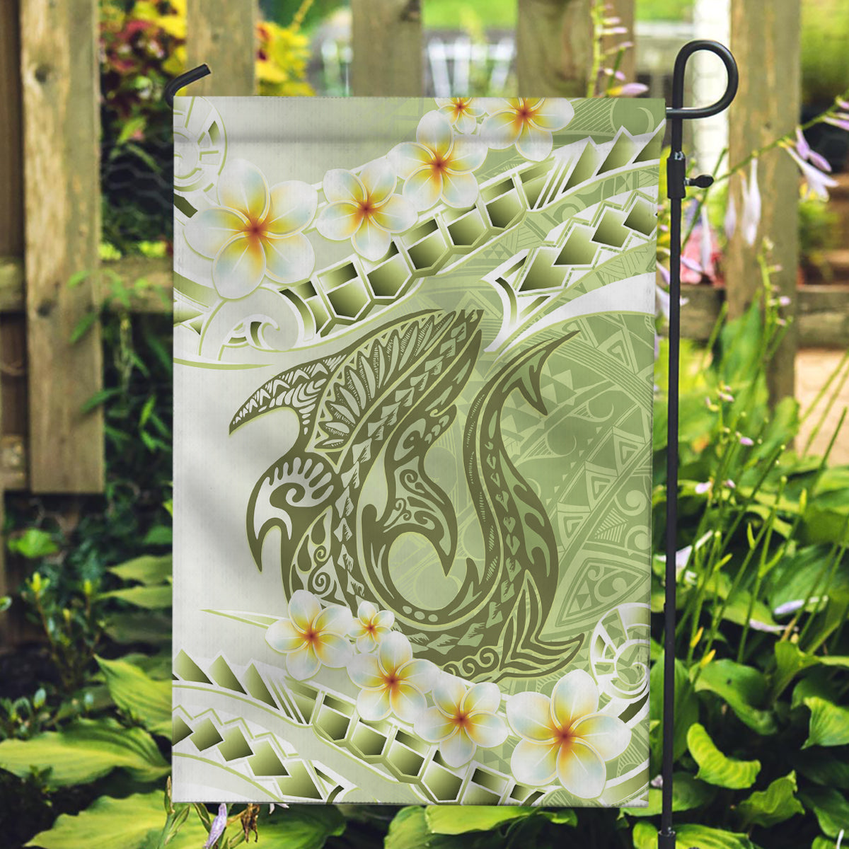 Green Hawaii Shark Tattoo Garden Flag Frangipani With Polynesian Pastel Version LT14 Garden Flag Green - Polynesian Pride