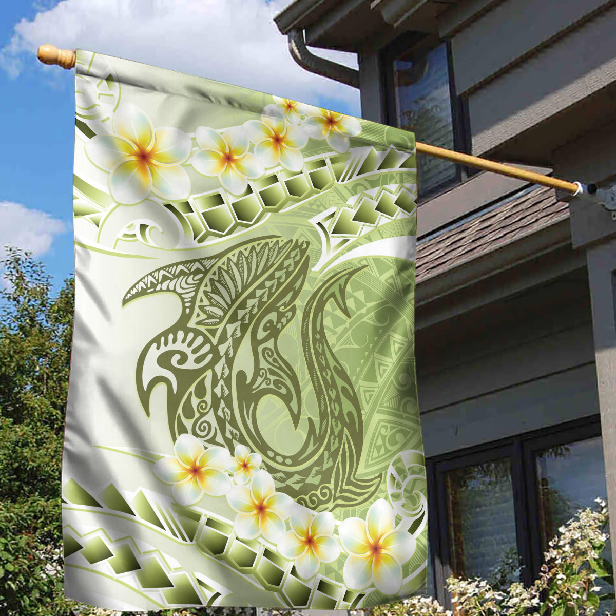 Green Hawaii Shark Tattoo Garden Flag Frangipani With Polynesian Pastel Version LT14 - Polynesian Pride