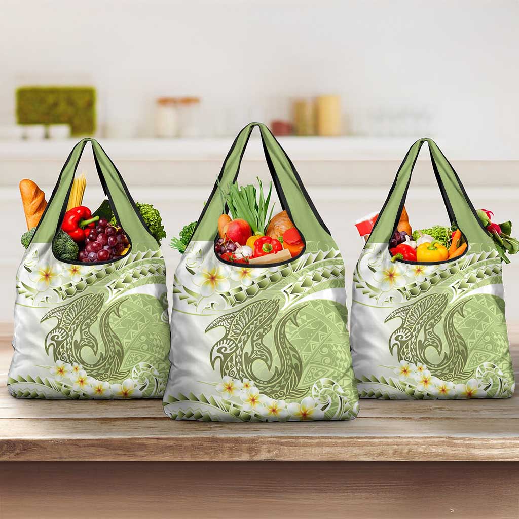 Green Hawaii Shark Tattoo Grocery Bag Frangipani With Polynesian Pastel Version LT14 3-pack One Size Green - Polynesian Pride