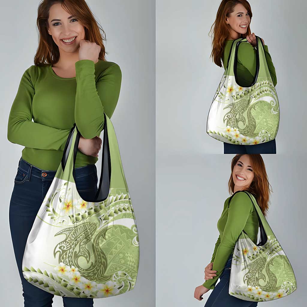 Green Hawaii Shark Tattoo Grocery Bag Frangipani With Polynesian Pastel Version LT14 - Polynesian Pride