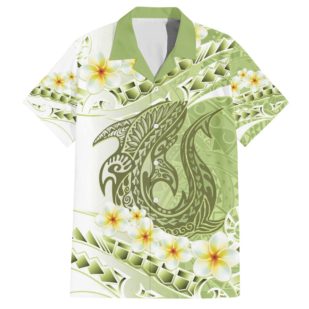 Green Hawaii Shark Tattoo Hawaiian Shirt Frangipani With Polynesian Pastel Version LT14 Green - Polynesian Pride