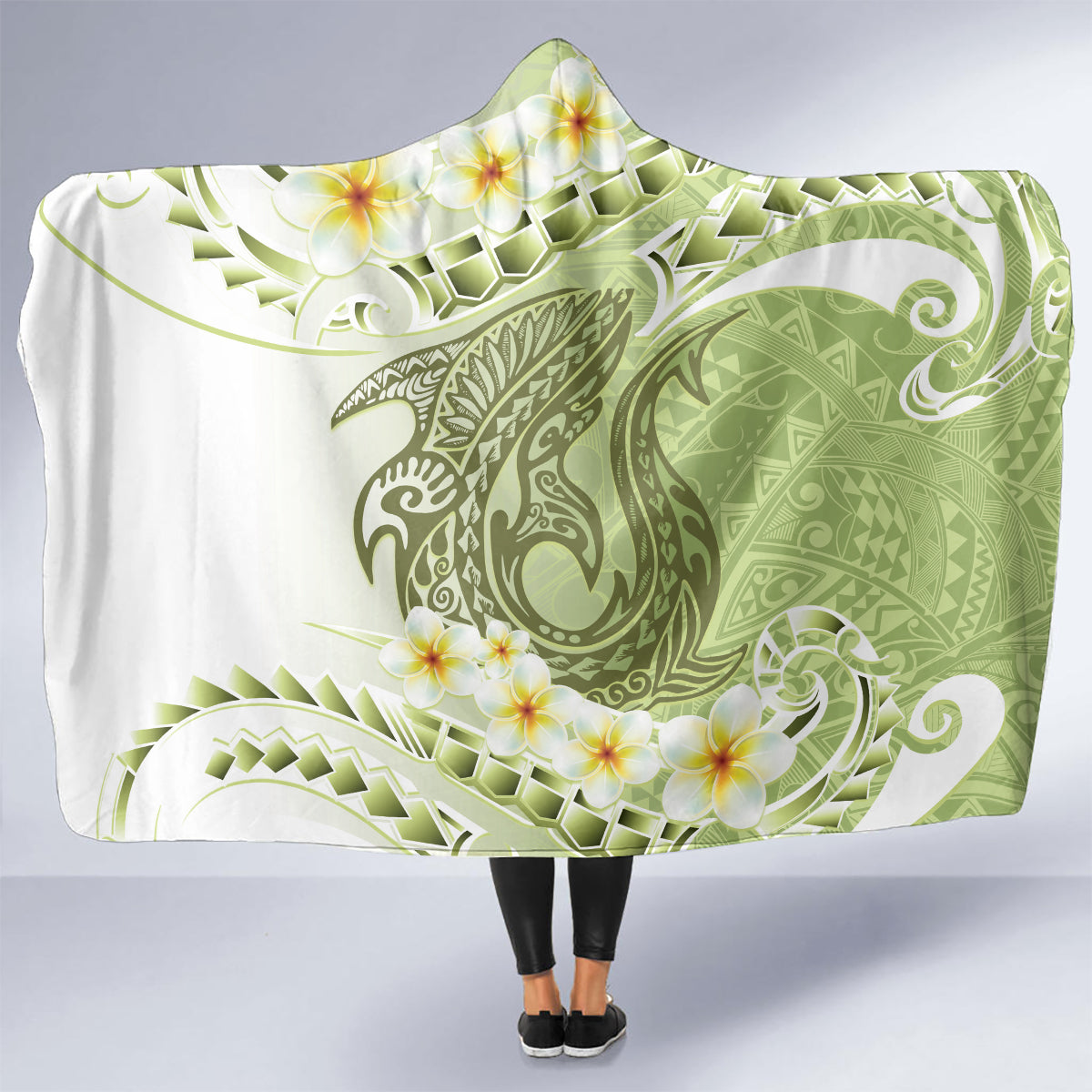 Green Hawaii Shark Tattoo Hooded Blanket Frangipani With Polynesian Pastel Version LT14 - Polynesian Pride