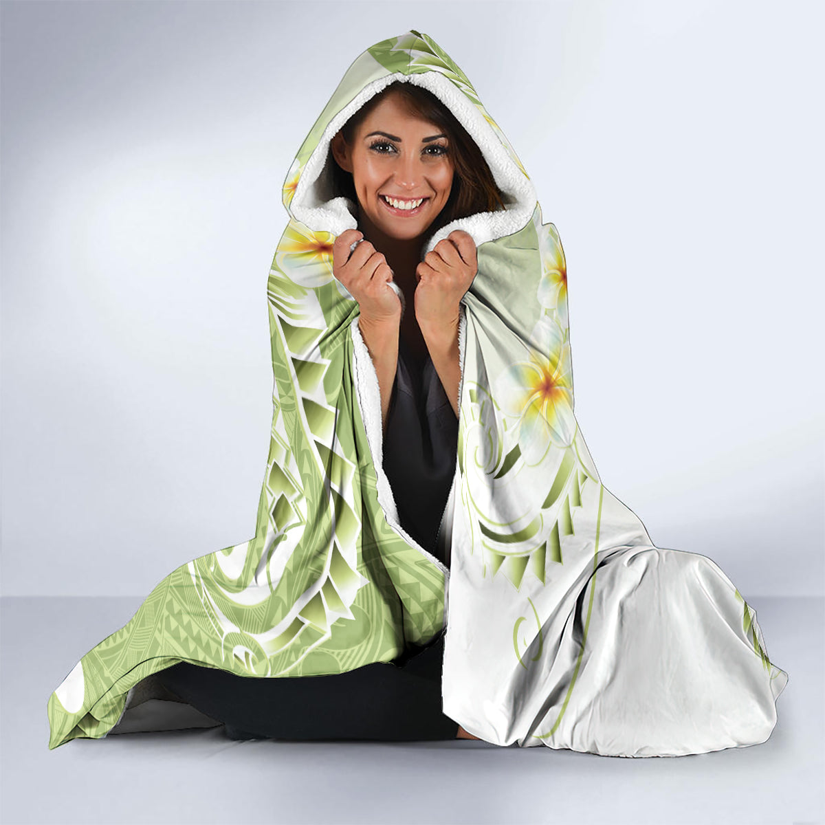 Green Hawaii Shark Tattoo Hooded Blanket Frangipani With Polynesian Pastel Version LT14 - Polynesian Pride