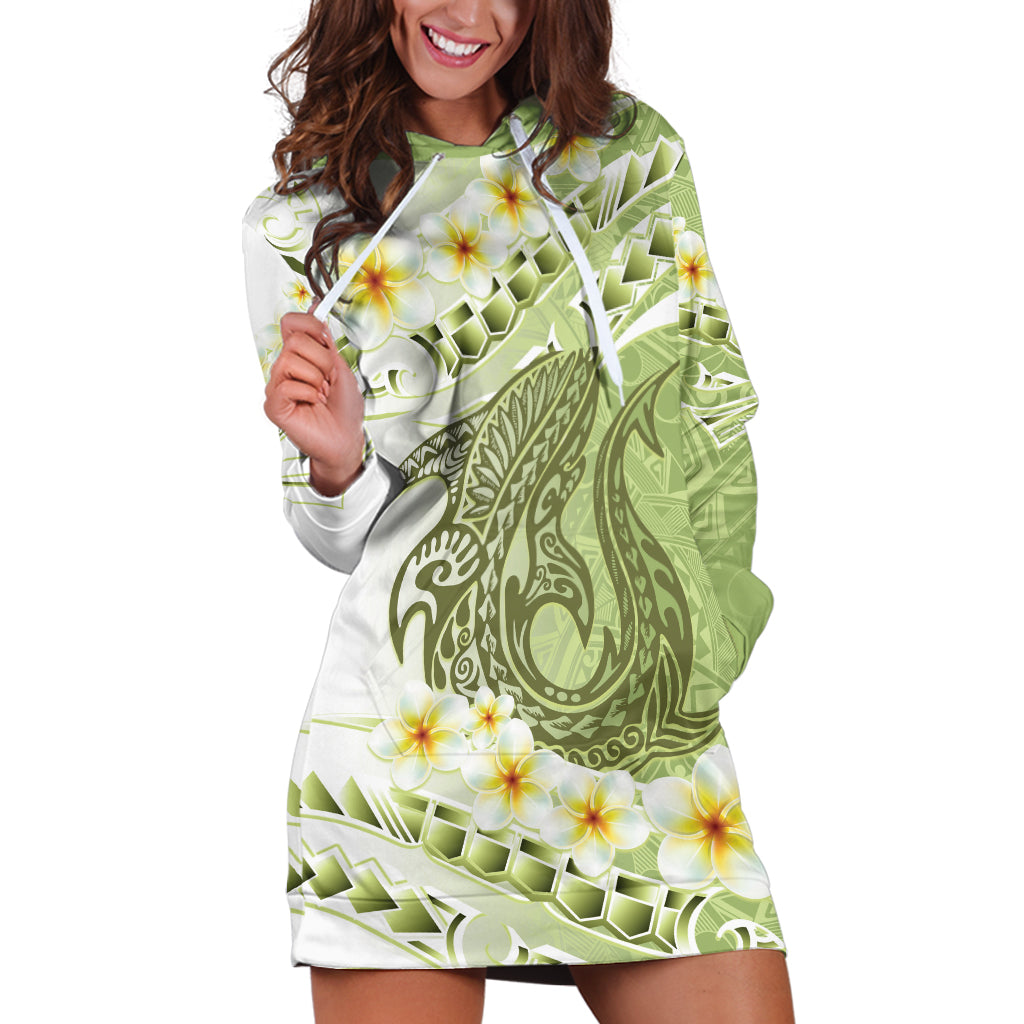 Green Hawaii Shark Tattoo Hoodie Dress Frangipani With Polynesian Pastel Version LT14 Green - Polynesian Pride