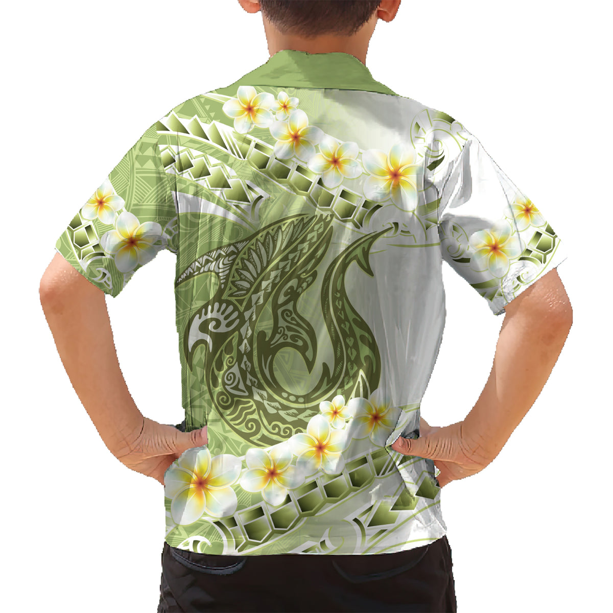 Green Hawaii Shark Tattoo Kid Hawaiian Shirt Frangipani With Polynesian Pastel Version LT14 - Polynesian Pride