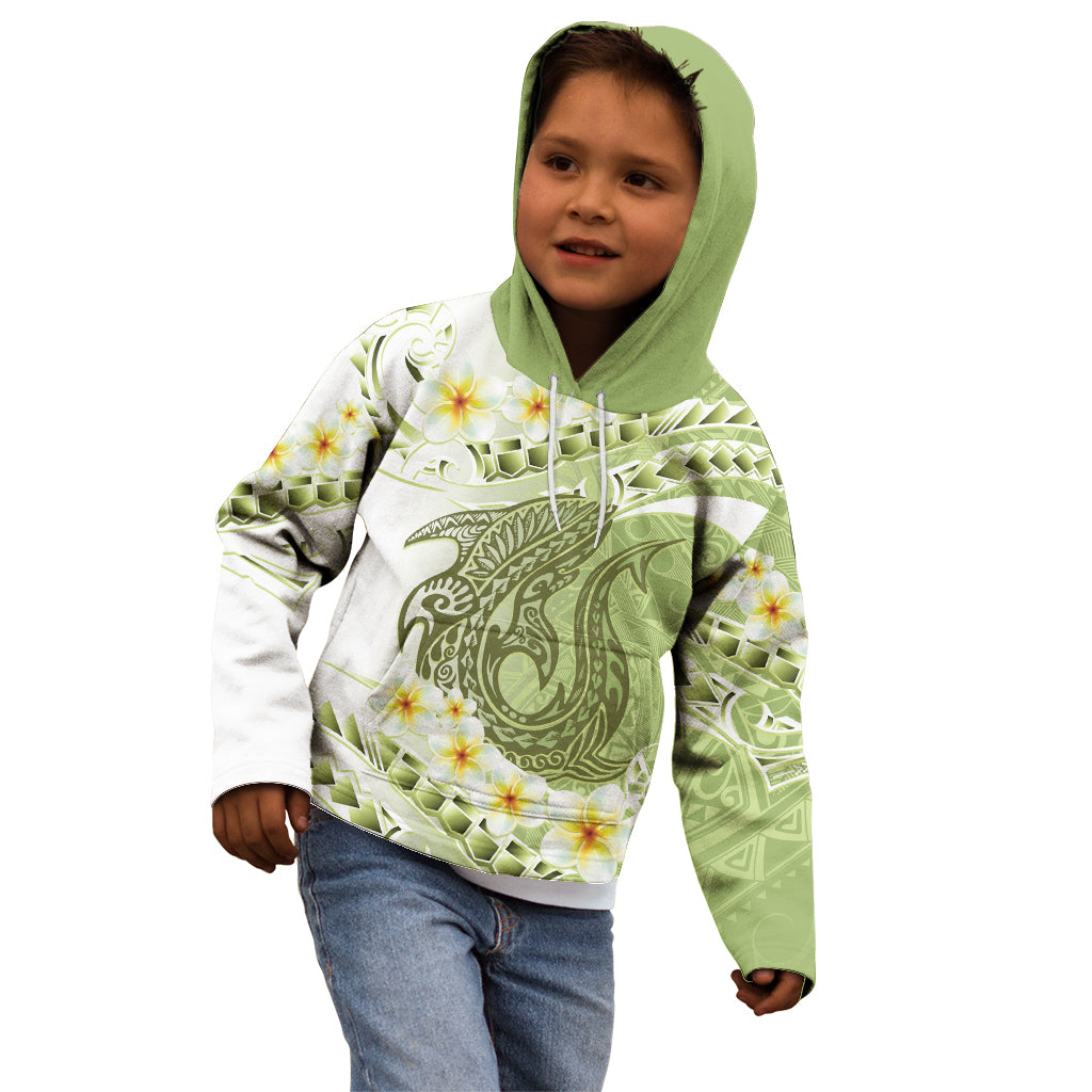 Green Hawaii Shark Tattoo Kid Hoodie Frangipani With Polynesian Pastel Version
