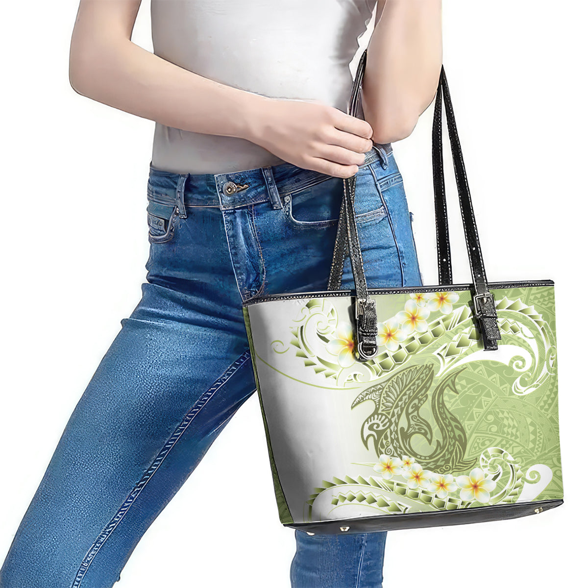 Green Hawaii Shark Tattoo Leather Tote Bag Frangipani With Polynesian Pastel Version LT14 - Polynesian Pride