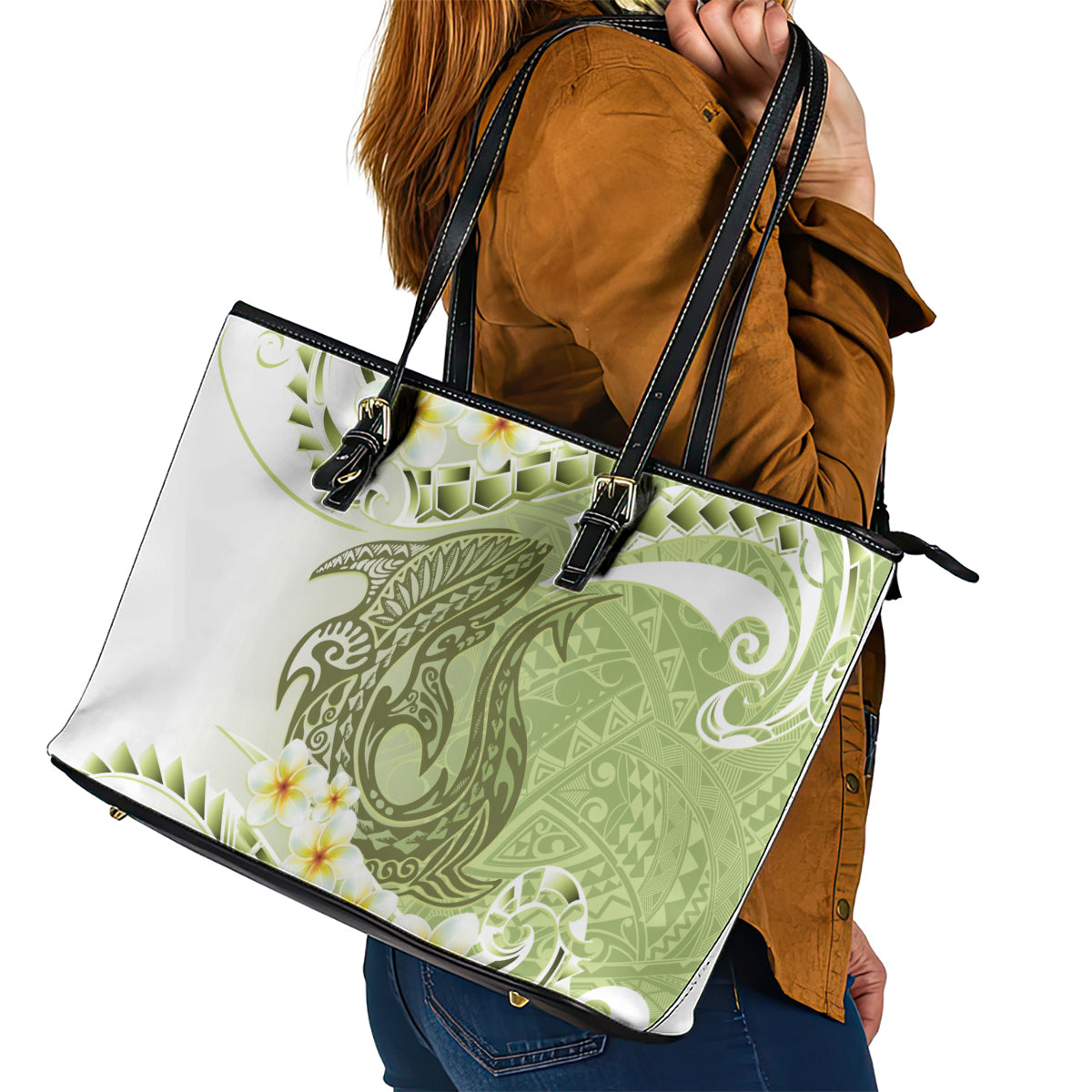 Green Hawaii Shark Tattoo Leather Tote Bag Frangipani With Polynesian Pastel Version LT14 - Polynesian Pride