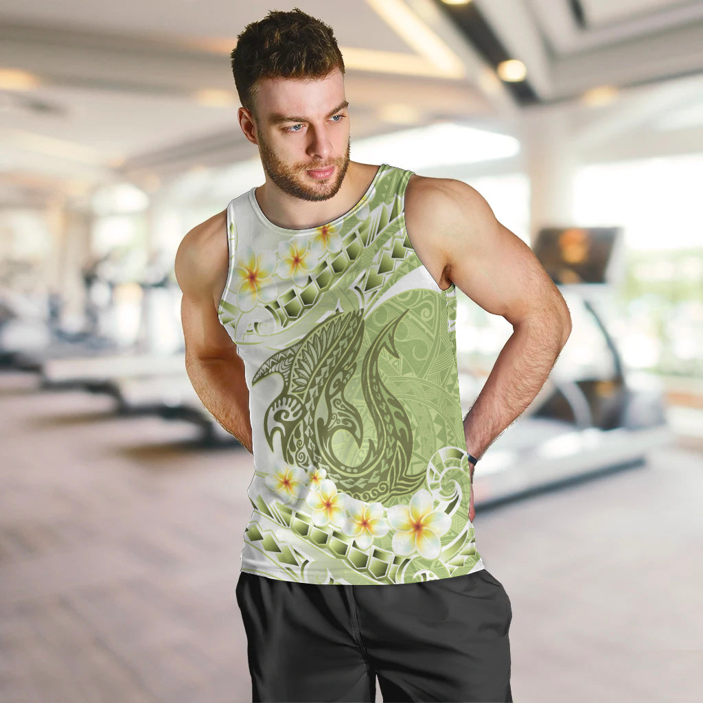 Green Hawaii Shark Tattoo Men Tank Top Frangipani With Polynesian Pastel Version