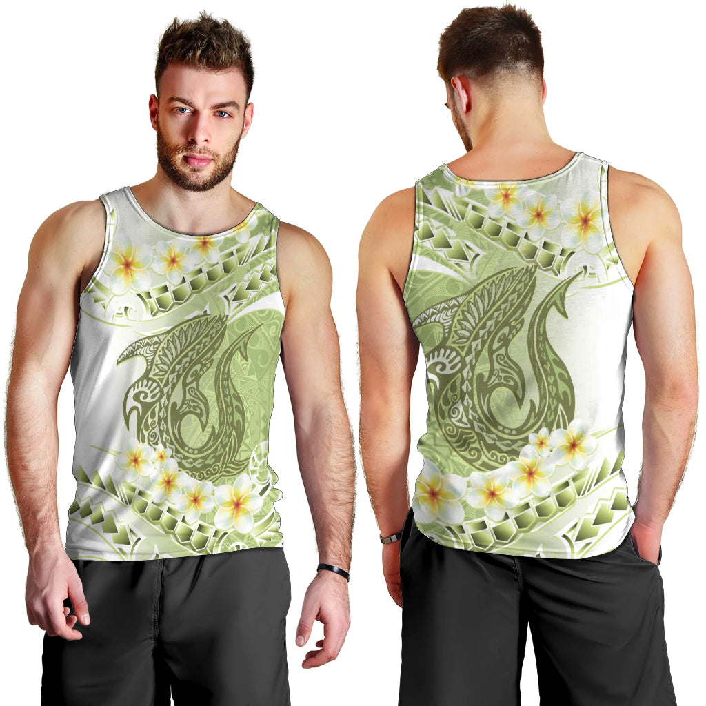 Green Hawaii Shark Tattoo Men Tank Top Frangipani With Polynesian Pastel Version LT14 - Polynesian Pride