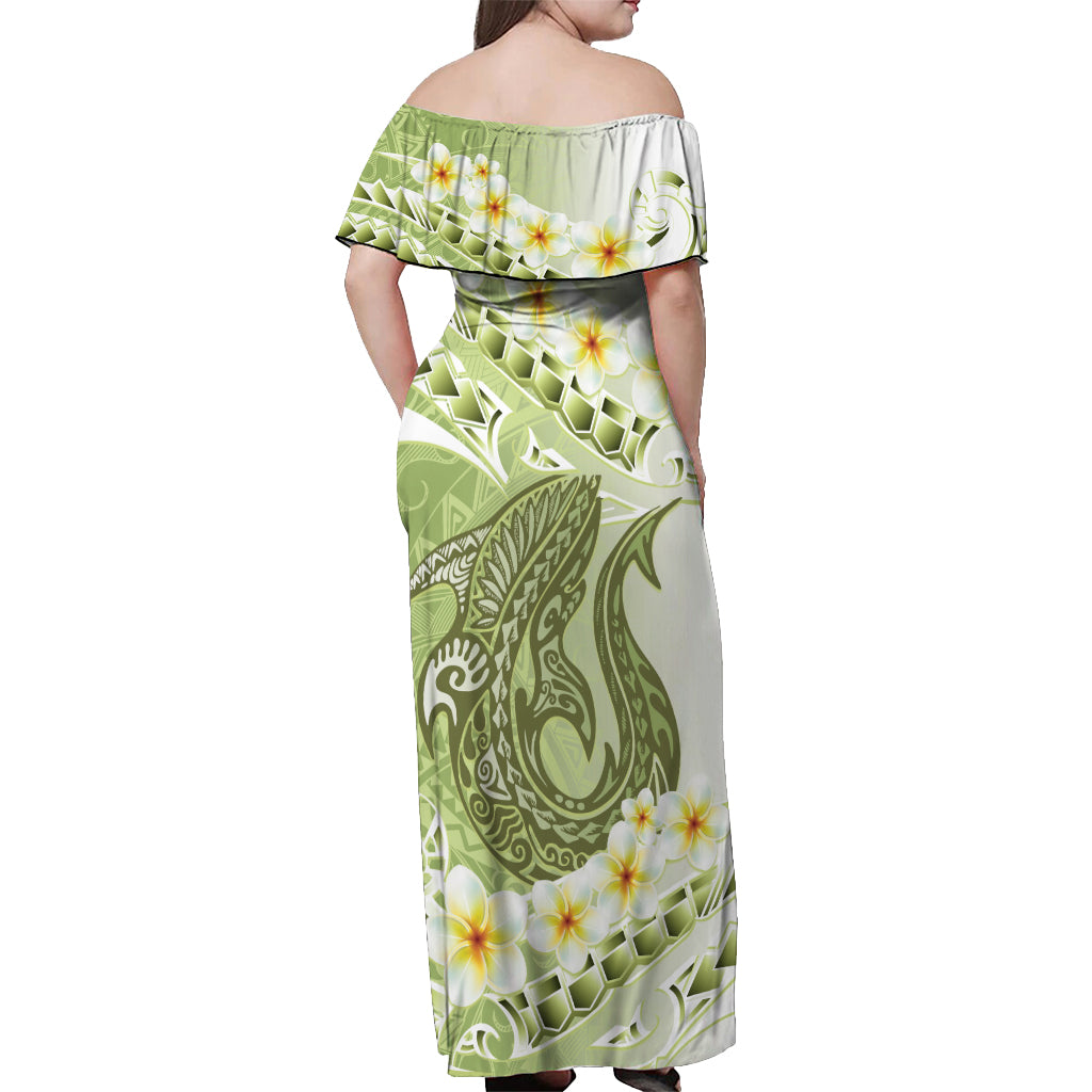 Green Hawaii Shark Tattoo Off Shoulder Maxi Dress Frangipani With Polynesian Pastel Version LT14 - Polynesian Pride