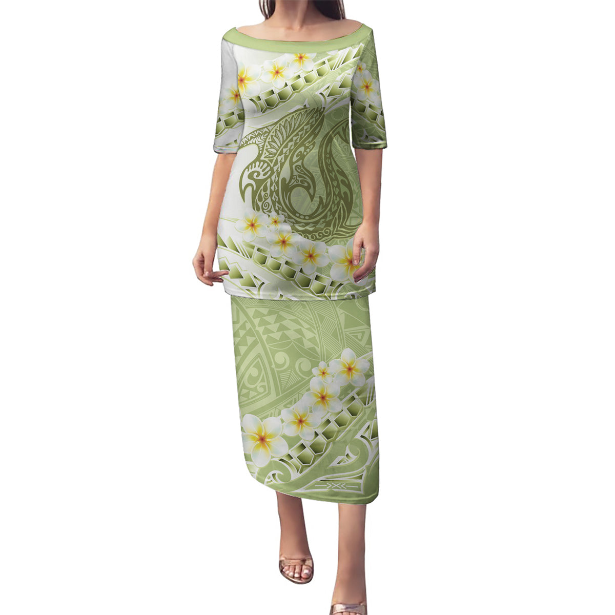 Green Hawaii Shark Tattoo Puletasi Frangipani With Polynesian Pastel Version LT14 Long Dress Green - Polynesian Pride