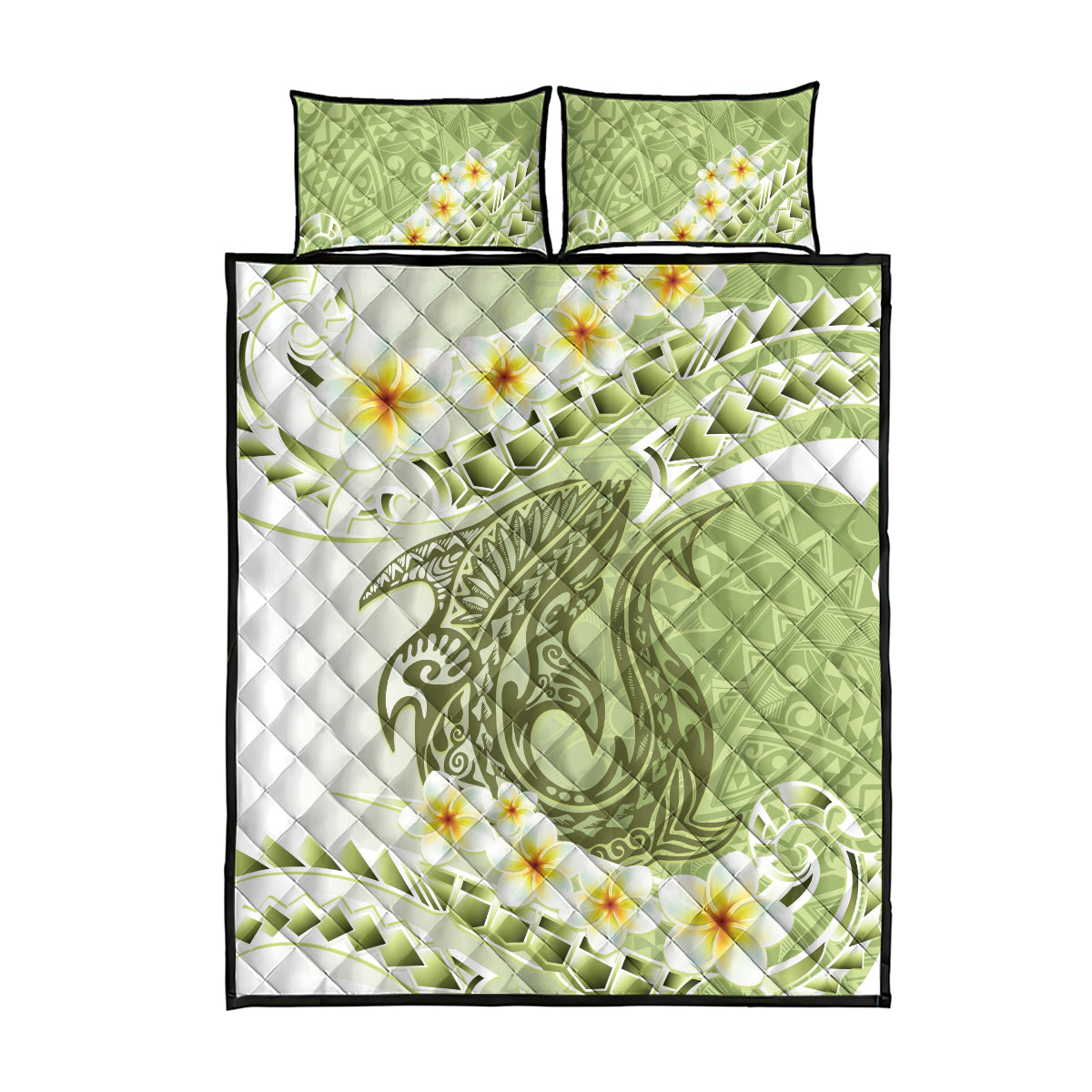 Green Hawaii Shark Tattoo Quilt Bed Set Frangipani With Polynesian Pastel Version