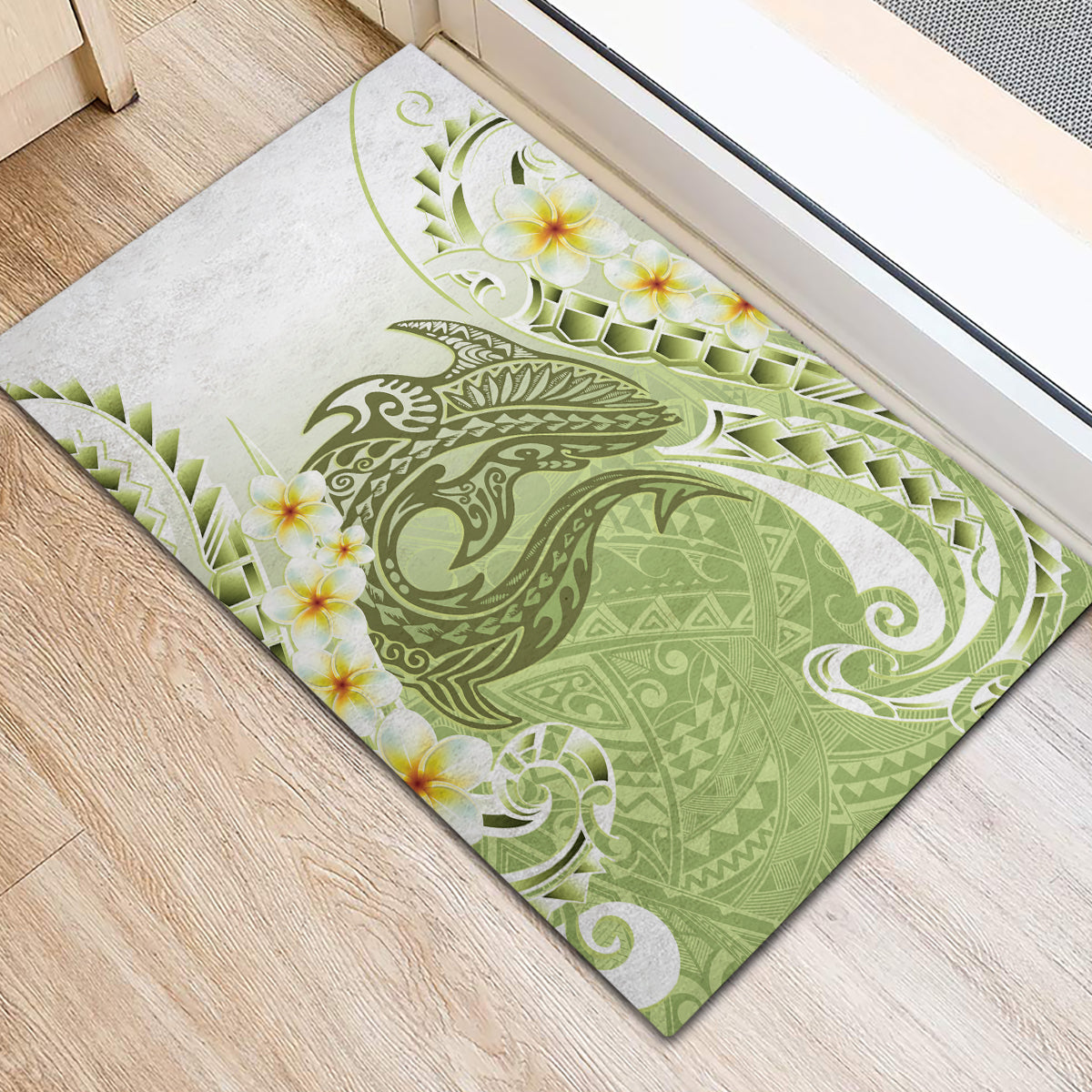 Green Hawaii Shark Tattoo Rubber Doormat Frangipani With Polynesian Pastel Version LT14 - Polynesian Pride