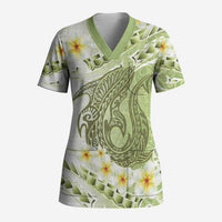 Green Hawaii Shark Tattoo Scrub Top Frangipani With Polynesian Pastel Version - Polynesian Pride