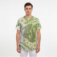 Green Hawaii Shark Tattoo Scrub Top Frangipani With Polynesian Pastel Version - Polynesian Pride