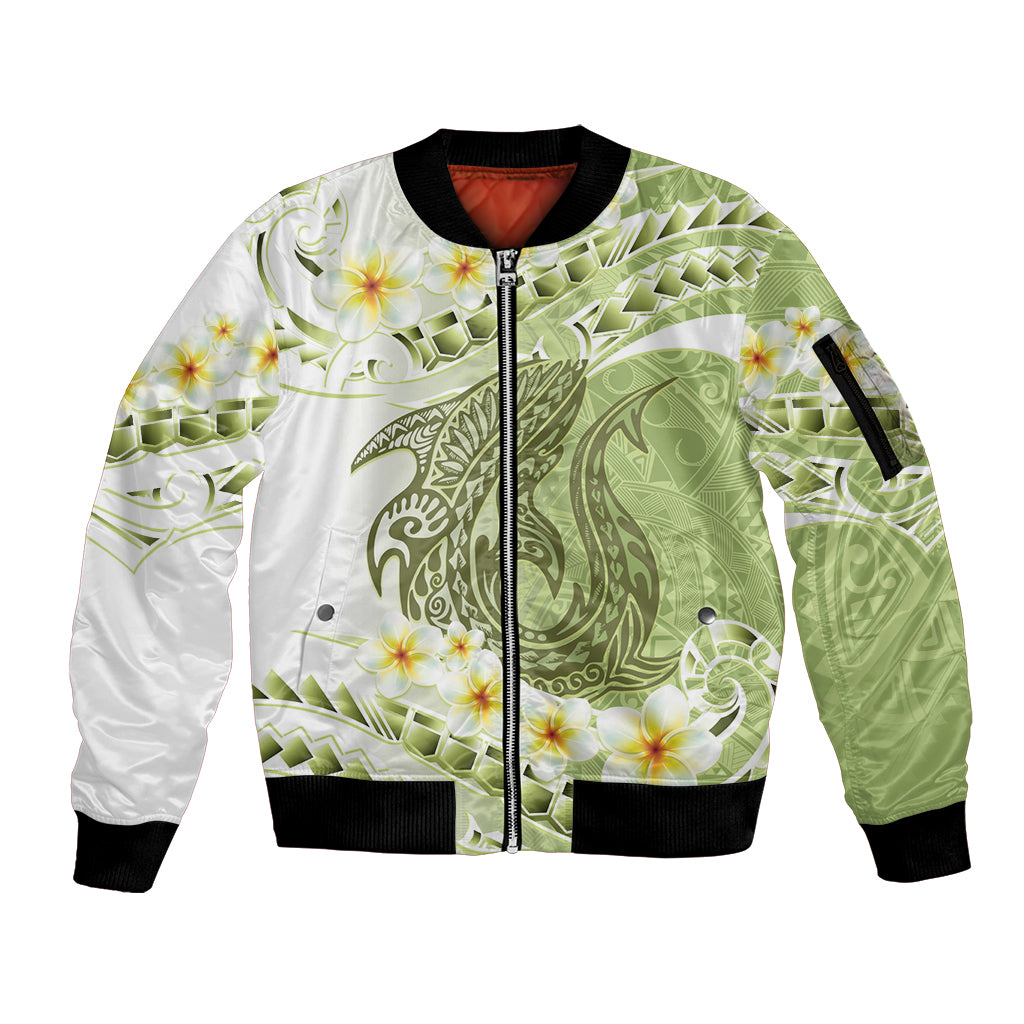 Green Hawaii Shark Tattoo Sleeve Zip Bomber Jacket Frangipani With Polynesian Pastel Version LT14 Unisex Green - Polynesian Pride