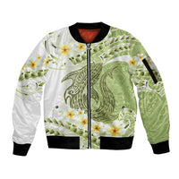 Green Hawaii Shark Tattoo Sleeve Zip Bomber Jacket Frangipani With Polynesian Pastel Version LT14 Unisex Green - Polynesian Pride