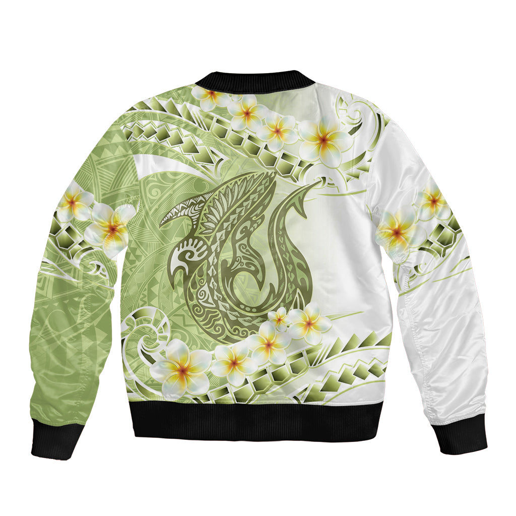 Green Hawaii Shark Tattoo Sleeve Zip Bomber Jacket Frangipani With Polynesian Pastel Version LT14 - Polynesian Pride