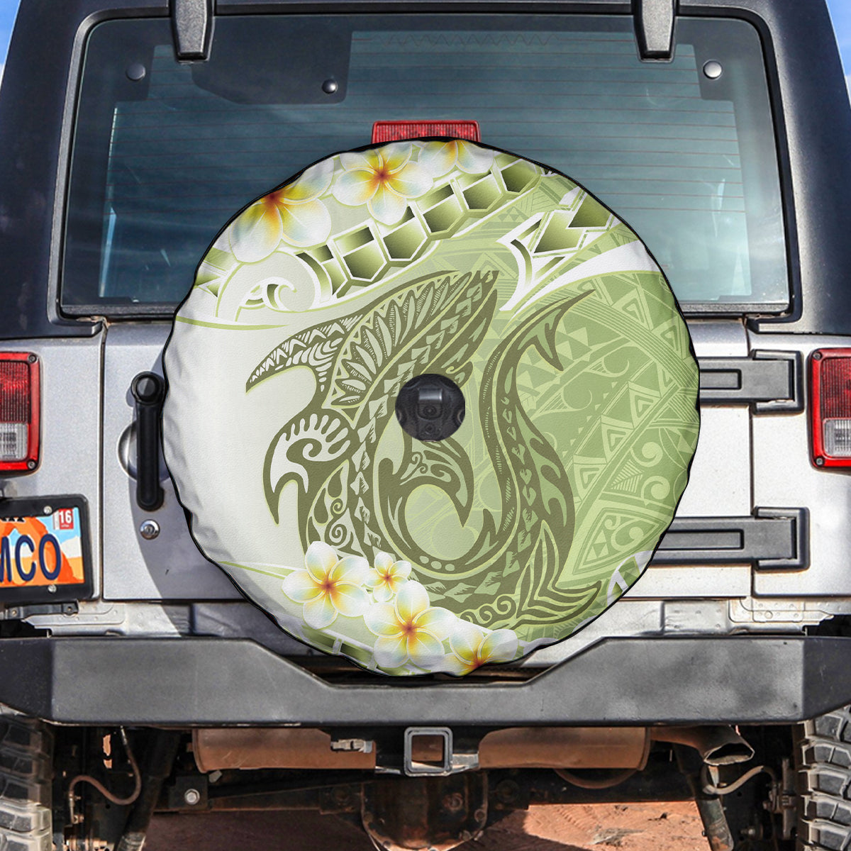 Green Hawaii Shark Tattoo Spare Tire Cover Frangipani With Polynesian Pastel Version LT14 Green - Polynesian Pride
