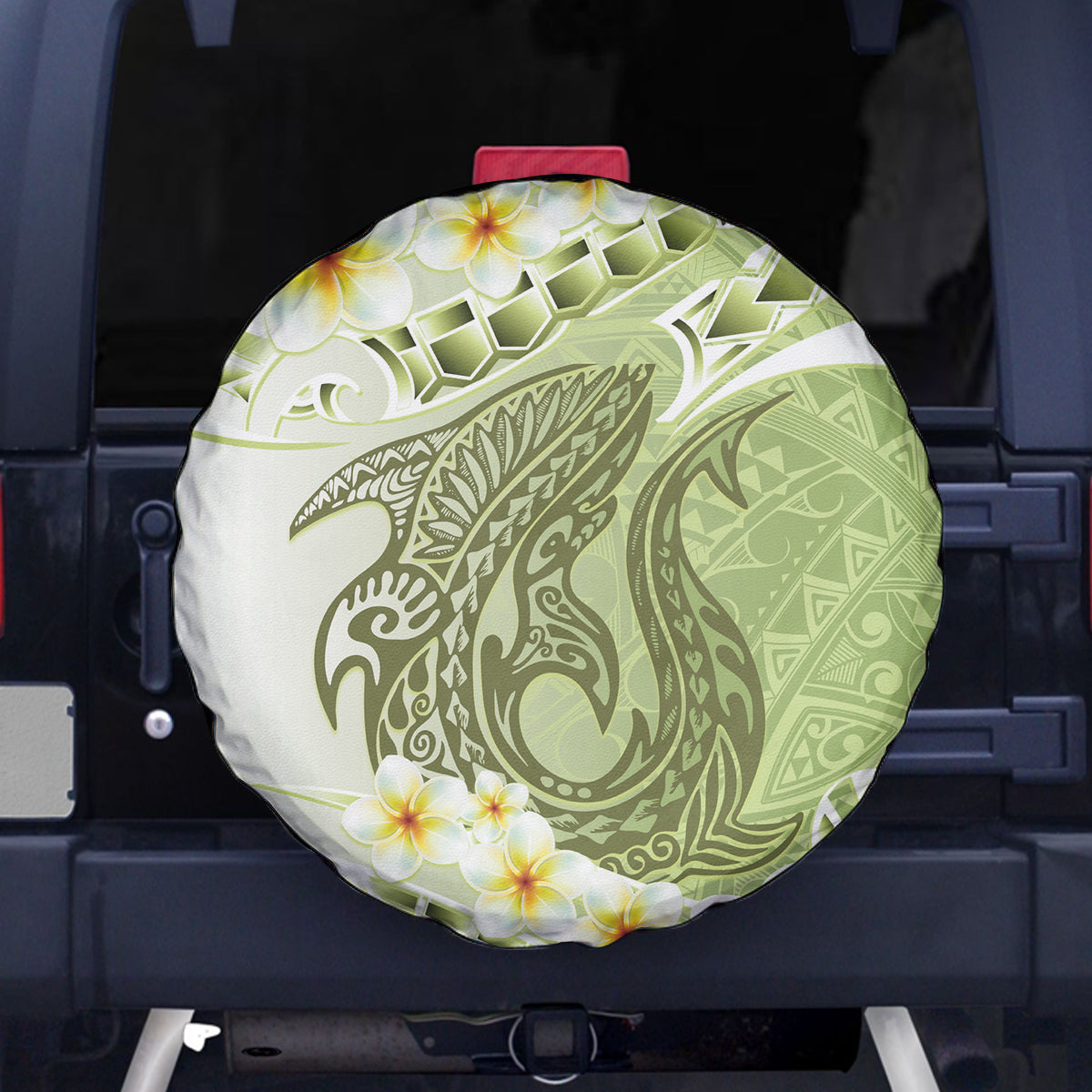 Green Hawaii Shark Tattoo Spare Tire Cover Frangipani With Polynesian Pastel Version LT14 - Polynesian Pride