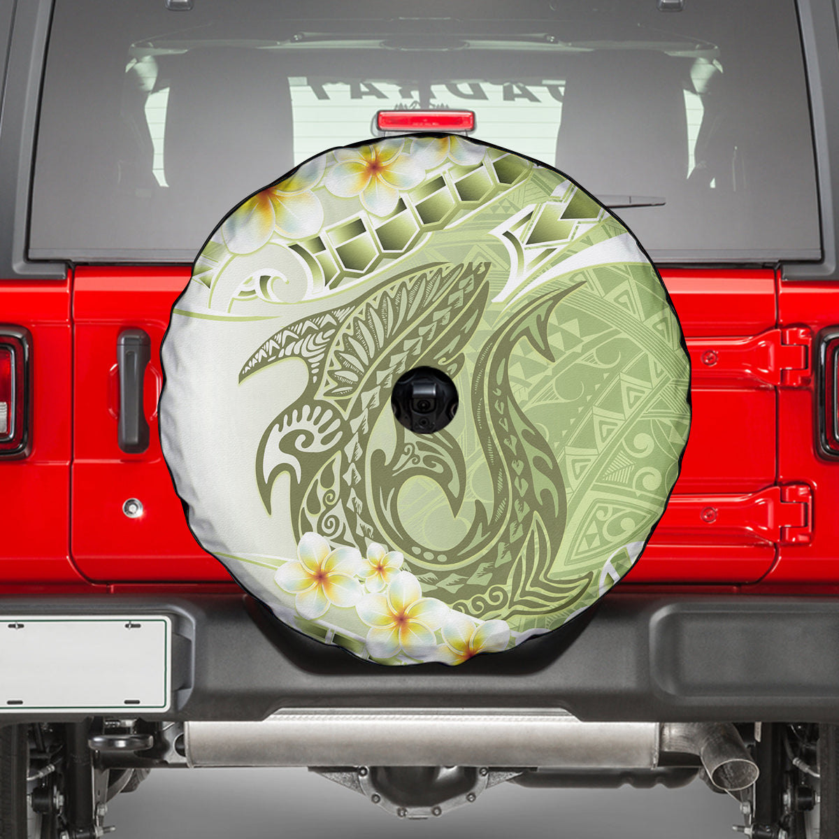 Green Hawaii Shark Tattoo Spare Tire Cover Frangipani With Polynesian Pastel Version LT14 - Polynesian Pride