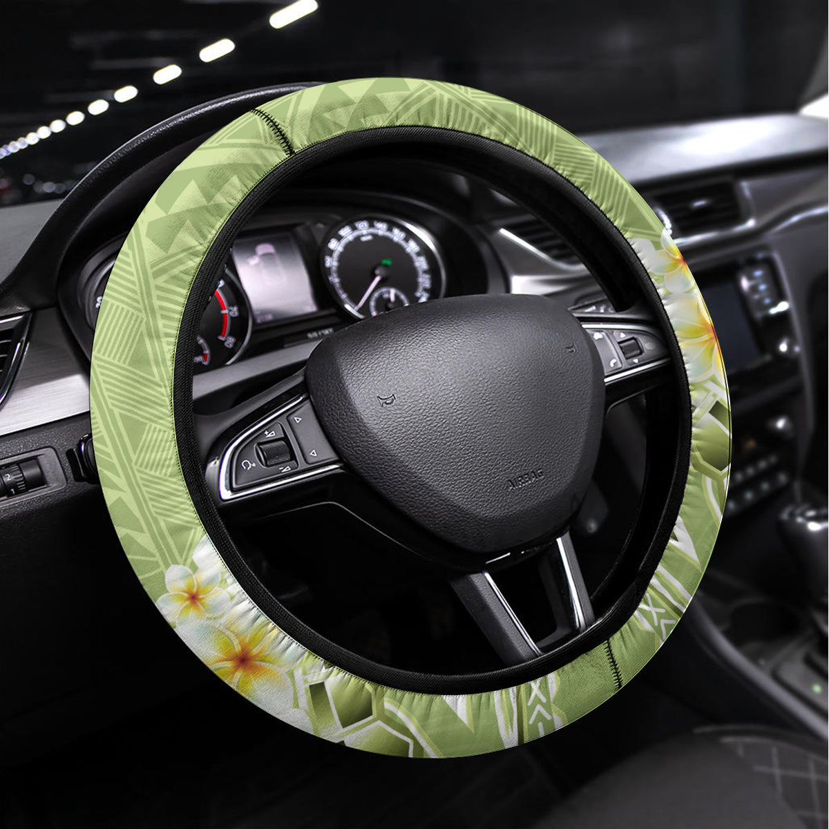 Green Hawaii Shark Tattoo Steering Wheel Cover Frangipani With Polynesian Pastel Version