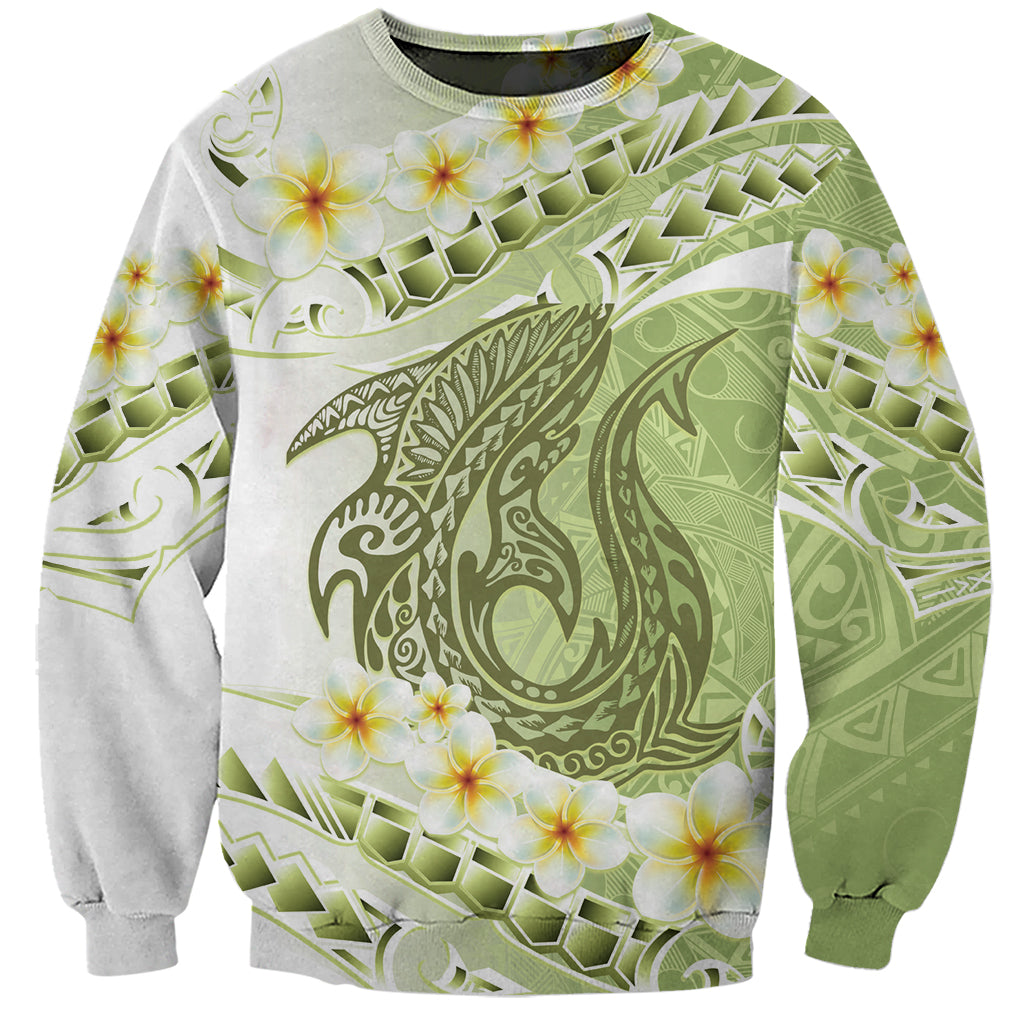 Green Hawaii Shark Tattoo Sweatshirt Frangipani With Polynesian Pastel Version LT14 Unisex Green - Polynesian Pride
