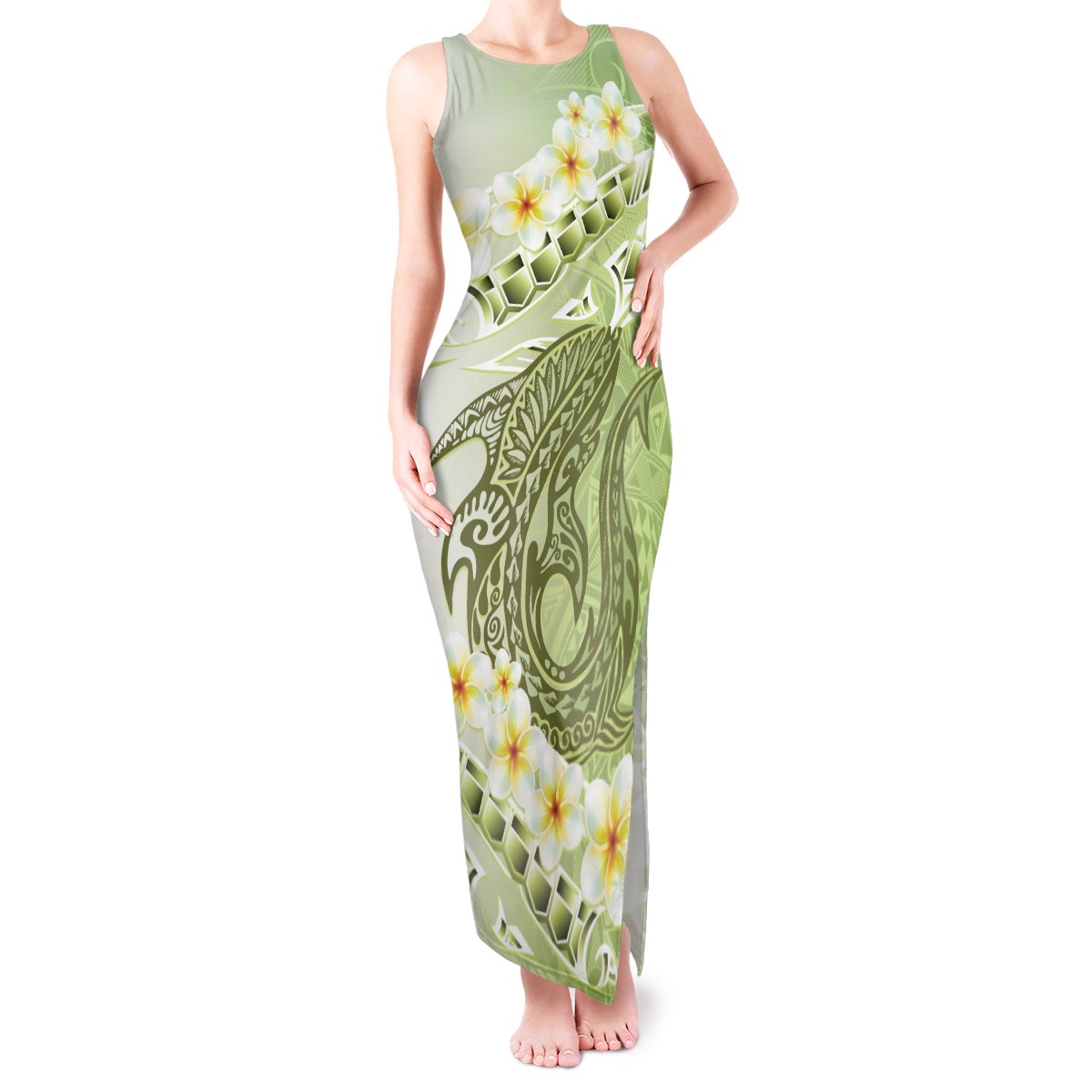 Green Hawaii Shark Tattoo Tank Maxi Dress Frangipani With Polynesian Pastel Version LT14 Women Green - Polynesian Pride